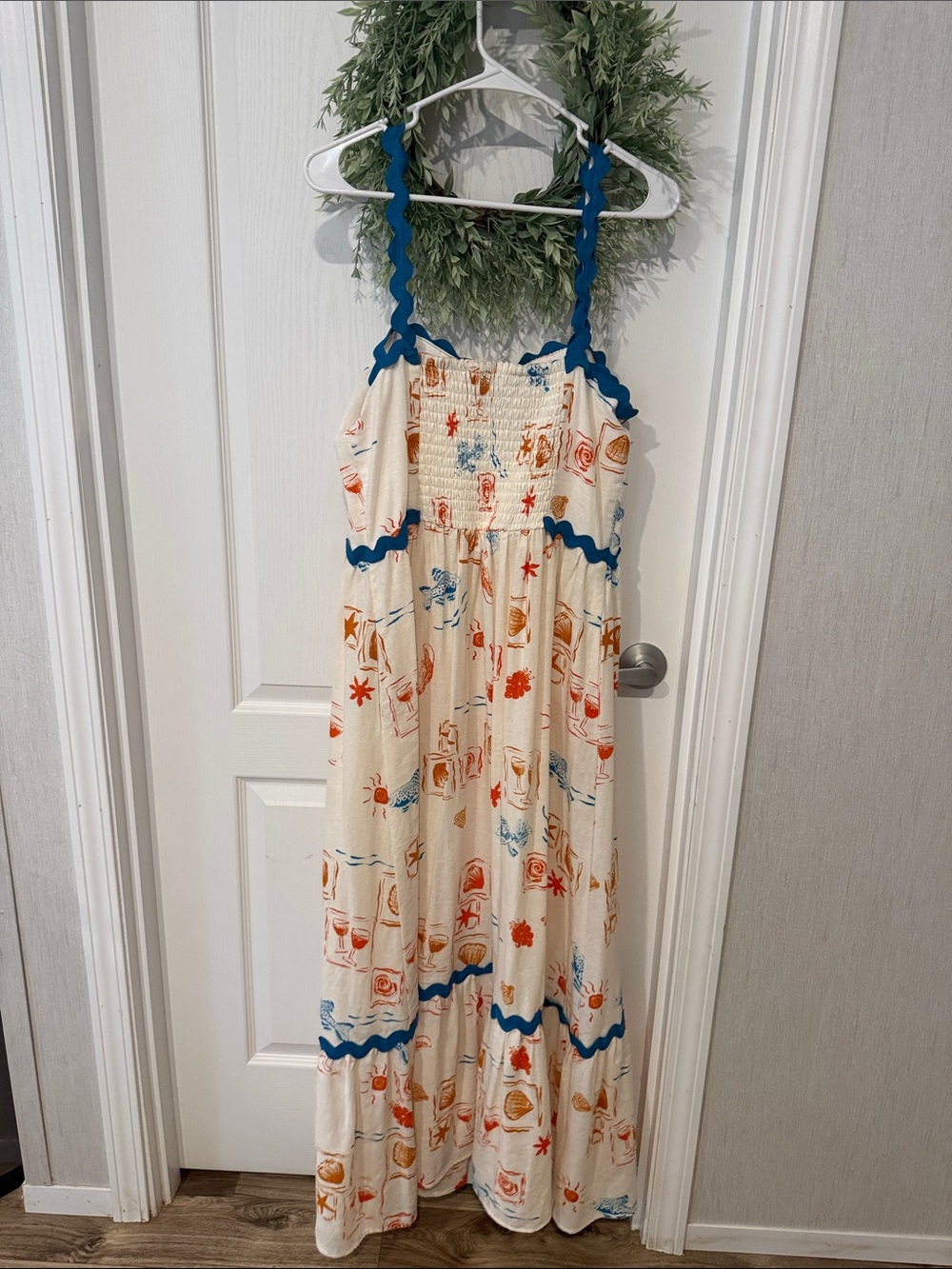 CeCe Cream Maxi Dress with Blue Trim and Orange Print - Picture 6 of 6